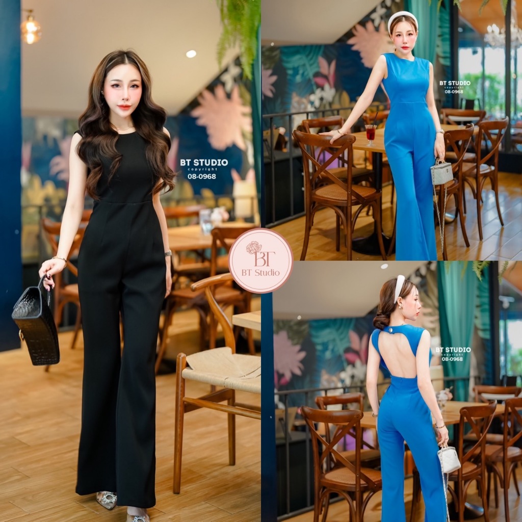 BT 08-0968 ชุดจั้มสูทขายาวแขนกุดแต่งสายติดกระดุมที่ด้านบน