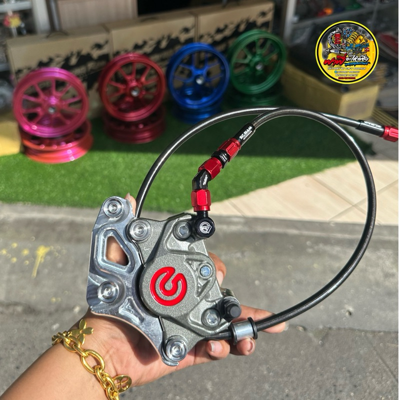 ชุดปั้มล่าง ปักข้างโลโก้แดง+สายถักหัว45องศา/ขาจับปั้มCNC/น็อตจับปั้ม+น็อตจับโช๊ค(หัวโจ+น็อตน้ำมัน)(เลือกรุ่นในตัวเลือก)🔥