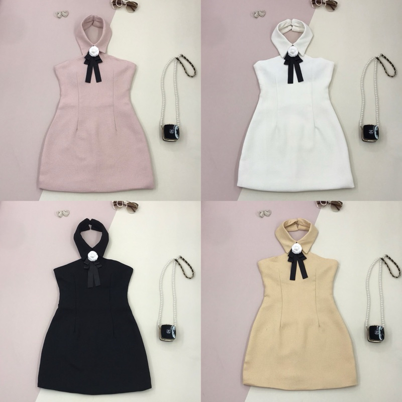 [ELSA] Y039 ชุดเดรสกระโปรงคอปกคล้องคอแต่งเข็มกลัดโบว์ดอกไม้ ลูกคุณหนูมากกใส่เที่ยว ออกงาน ดินเนอร์ ปาร์ตี้