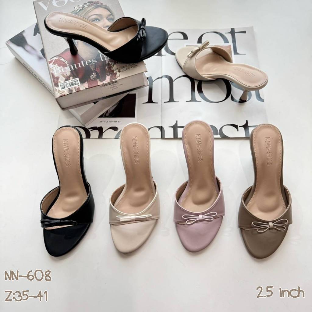NIWA SHOES รองเท้าส้นสูง รองเท้าแฟชั่น ตกแต่งอะไหล่โบว์ lสูง 2.5 นิ้ว รุ่น NN-608