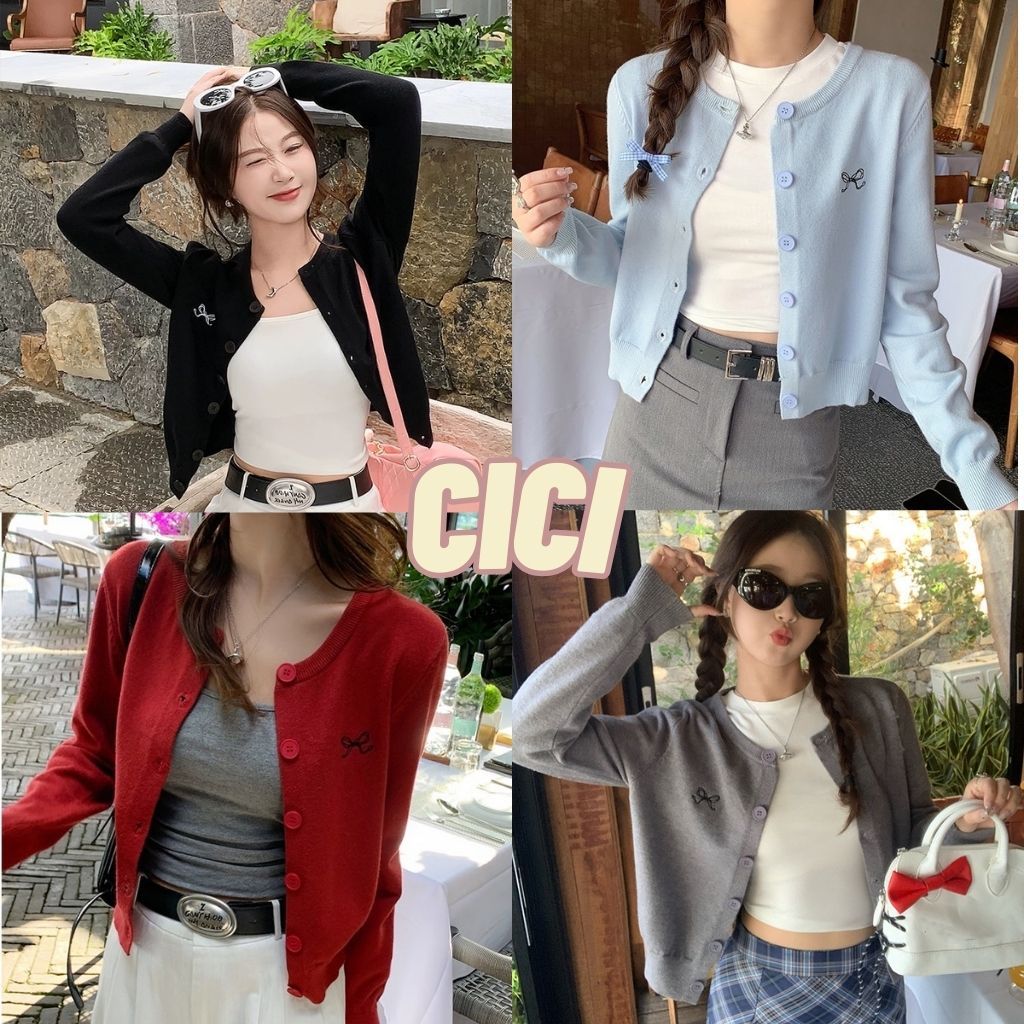 ส่งทันที Cici (NO. Z042)เสื้อคาร์ดิแกนไหมพรมแขนยาว กระดุมหน้า ปักโบว์แต่งหน้าอก สไตล์เกาหลีใส่คลุมสวยๆ
