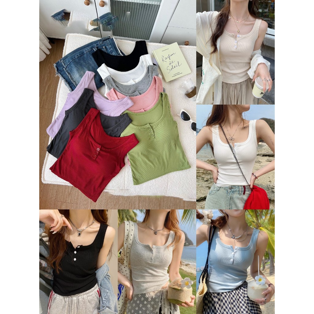 เสื้อสายเดี่ยว กล้ามครอป คอสี่เหลี่ยม ลอยเอว มีหลายสีให้เลือก#2215
