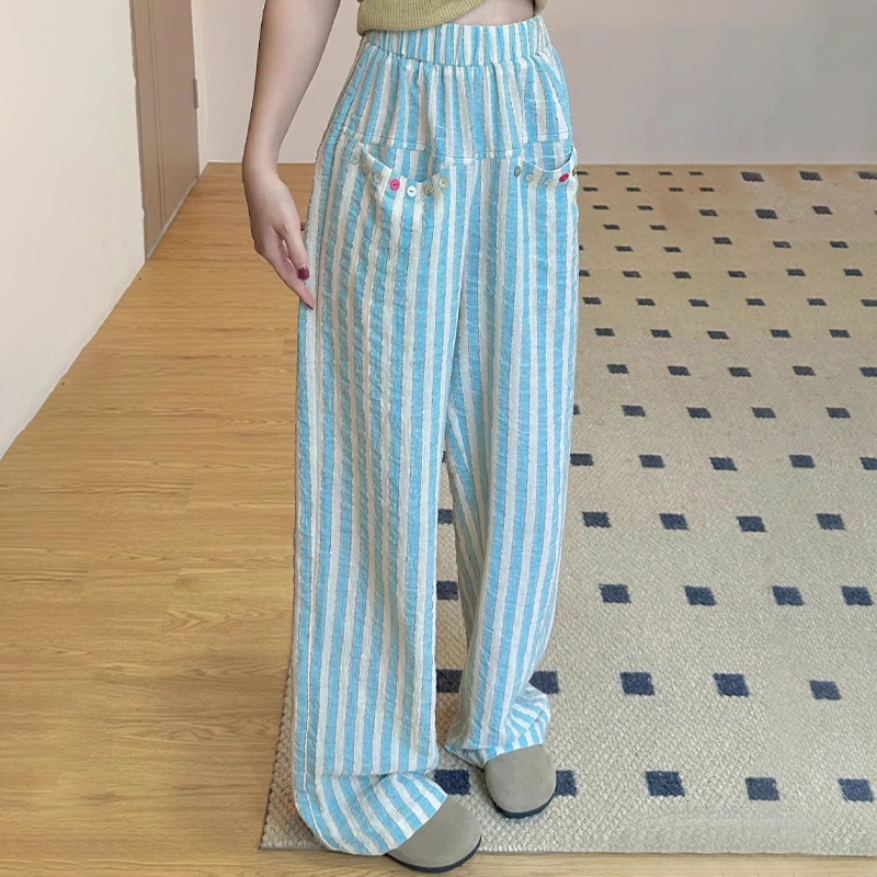 เอวยางยืดลาย Thin Loose เอวสูง Drop Feeling ตรงขากว้างกางเกง YES