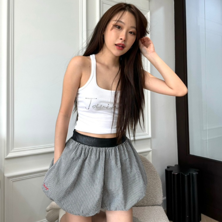 JARINYA กางเกงบอลลูนลายสก็อตแต่งขอบหนัง เนื้อผ้านิ่มใส่สบาย