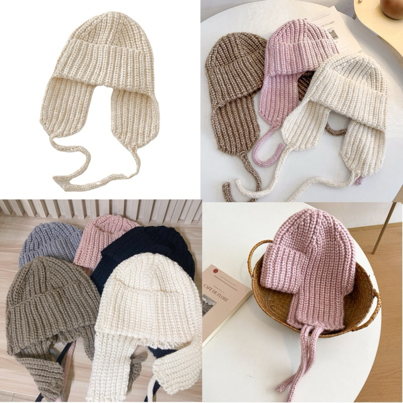 (NT) หมวกไหมพรมกันหนาว ปิดหู มีสายผูกคอได้