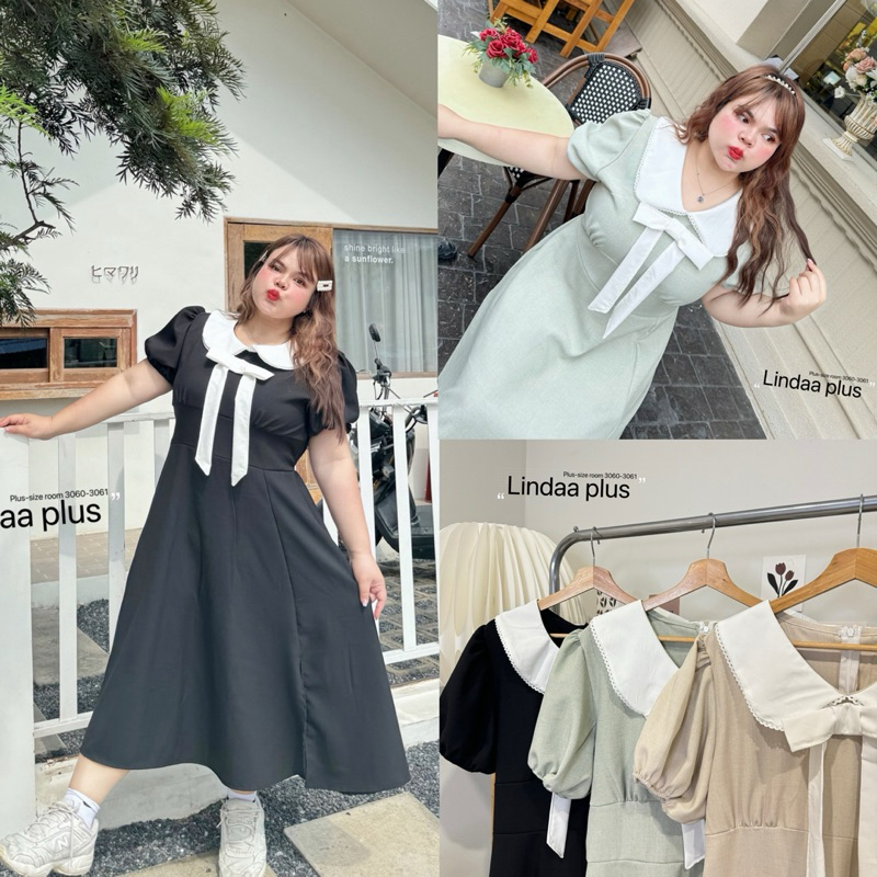 (LD) เดรสยาว คอบัว มีโบว์ เรียบ มินิมอล เกาหลีเกาใจ เสื้อผ้าสาวอวบอ้วน พลัสไซส์ ไซส์ใหญ่