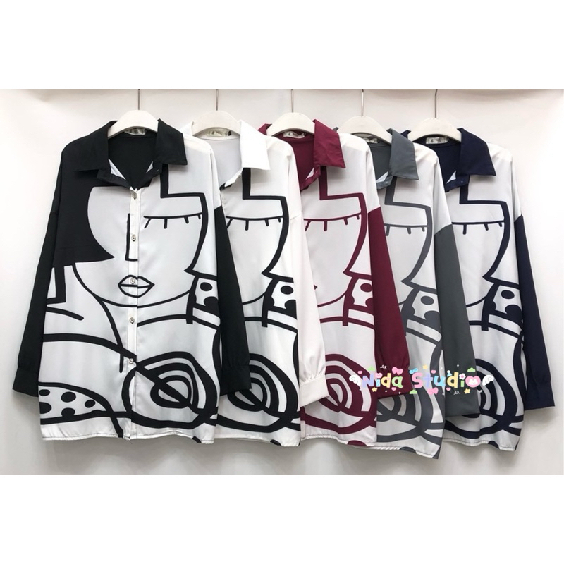 เสื้อเชิ้ตแขนยาว ผ้าไหมอิตาลีพิมพ์ลายผู้หญิง กระดุมผ่าหน้า ไซส์ใหญ่ oversize