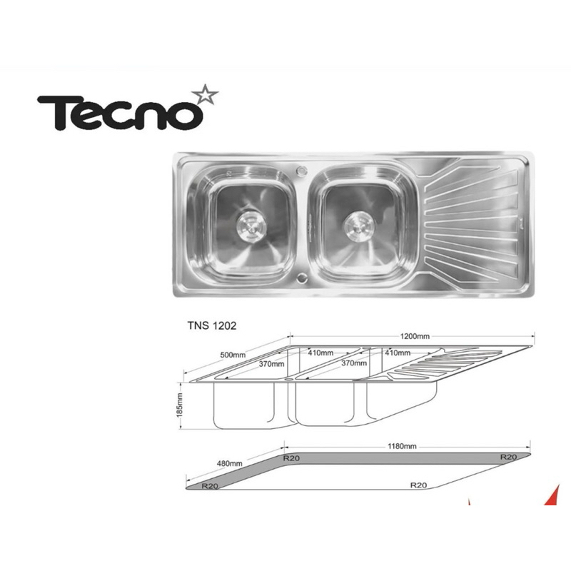 Tecno อ่างซิ้งค์2หลุม 1ที่พัก พร้อมสะดืออ่างรุ่นTNS1202