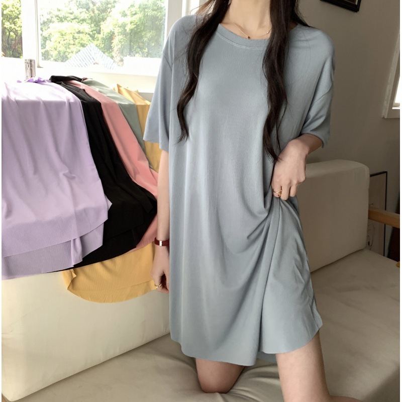 TOP SEXY ชุดกระโปรงคอกลม ชุดกระโปรงยาว ชุดนอน 🥦 ผ้านิ่มเด้ง มีหลายสี ส่งไวจากไทย T-1011