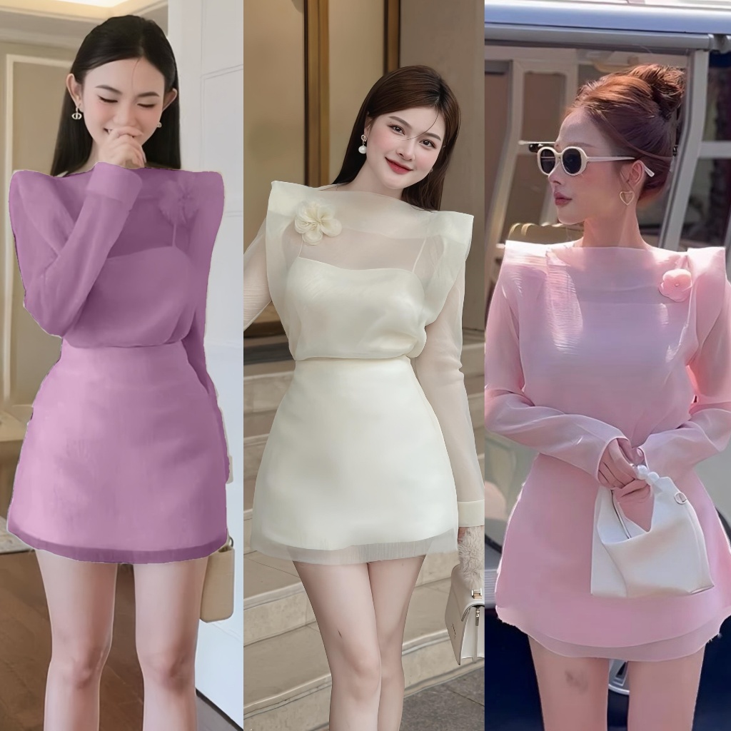 พร้อมส่ง Athena54 Set 4 ชิ้น เสื้อ+กระโปรง+สายเดี่ยว+เข็มกลัดดอกไม้ สวยหรูคุณหนูดูแพง ใส่ออกงาน