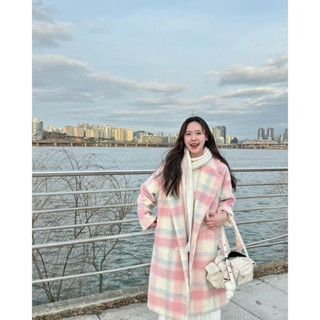 kikie pink strip wool coat เสื้อกันหนาวลายสก๊อตสีชมพู