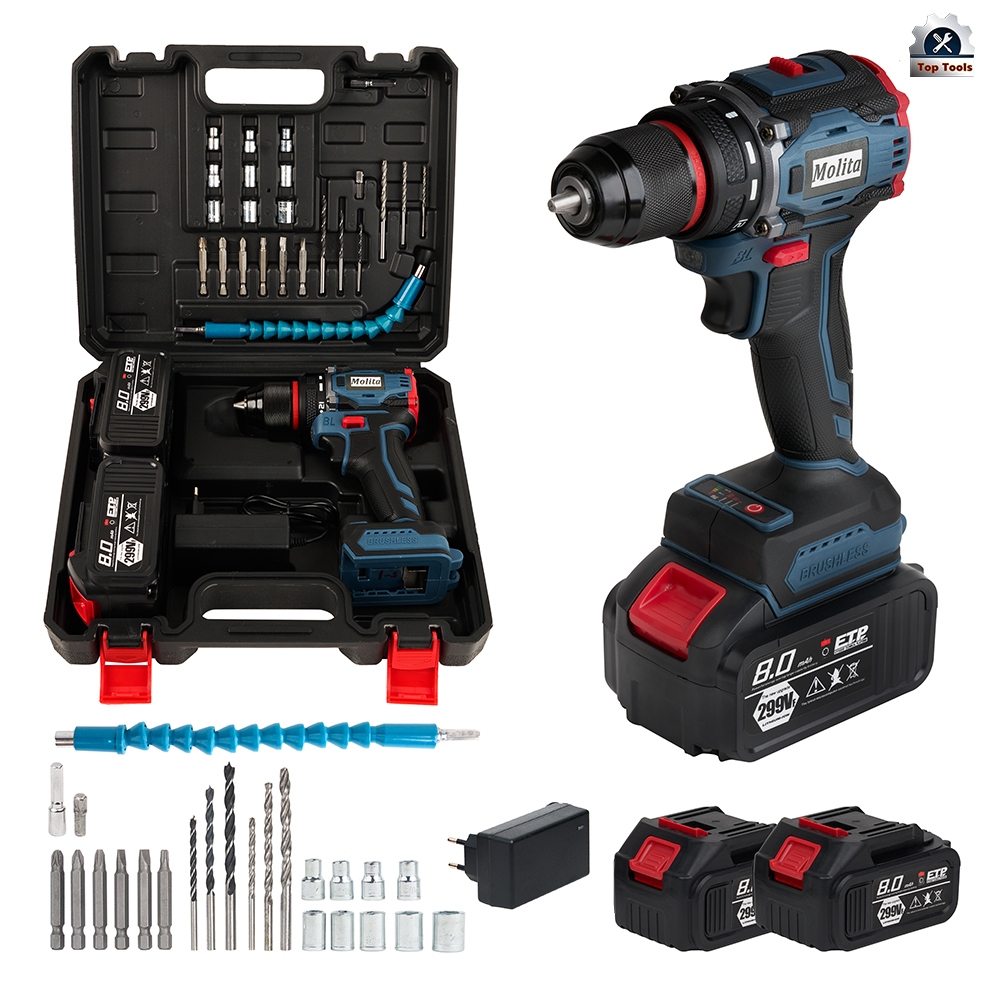MOLITA สว่านไร้สาย 299V 2 ระบบ มอเตอร์บัสเลส แบตเตอรี่ 2 ก้อน เครื่องมือช่าง รวม 32ชิ้น รุ่น M2-มอเตอร์บัสเลส สีน้ำเงิน สินค้า