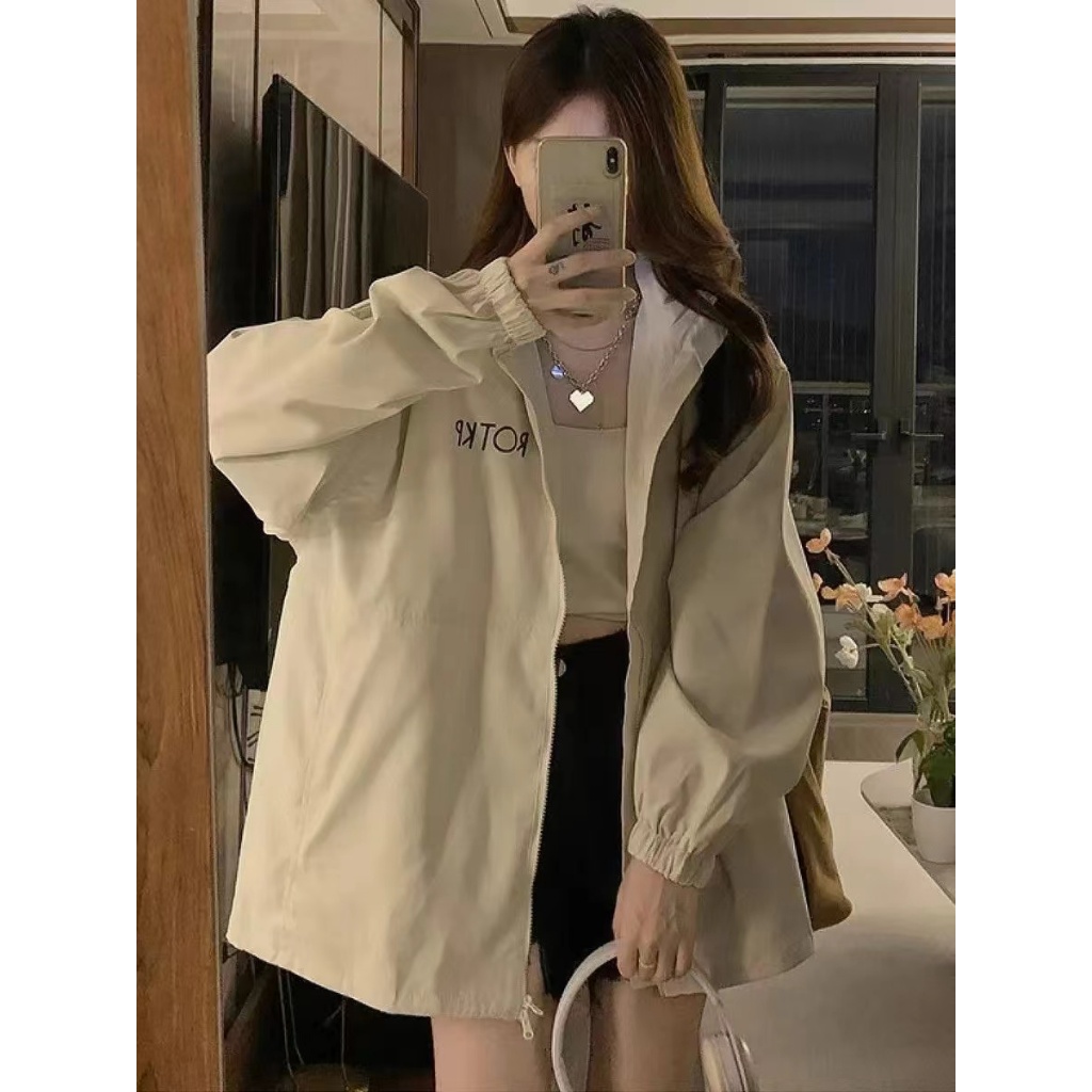 ใหม่ เสื้อแจ็คเก็ต กันแดด กันลม มีซิป มีฮู้ด ผ้าบาง ทรงหลวม สไตส์เกาหลี