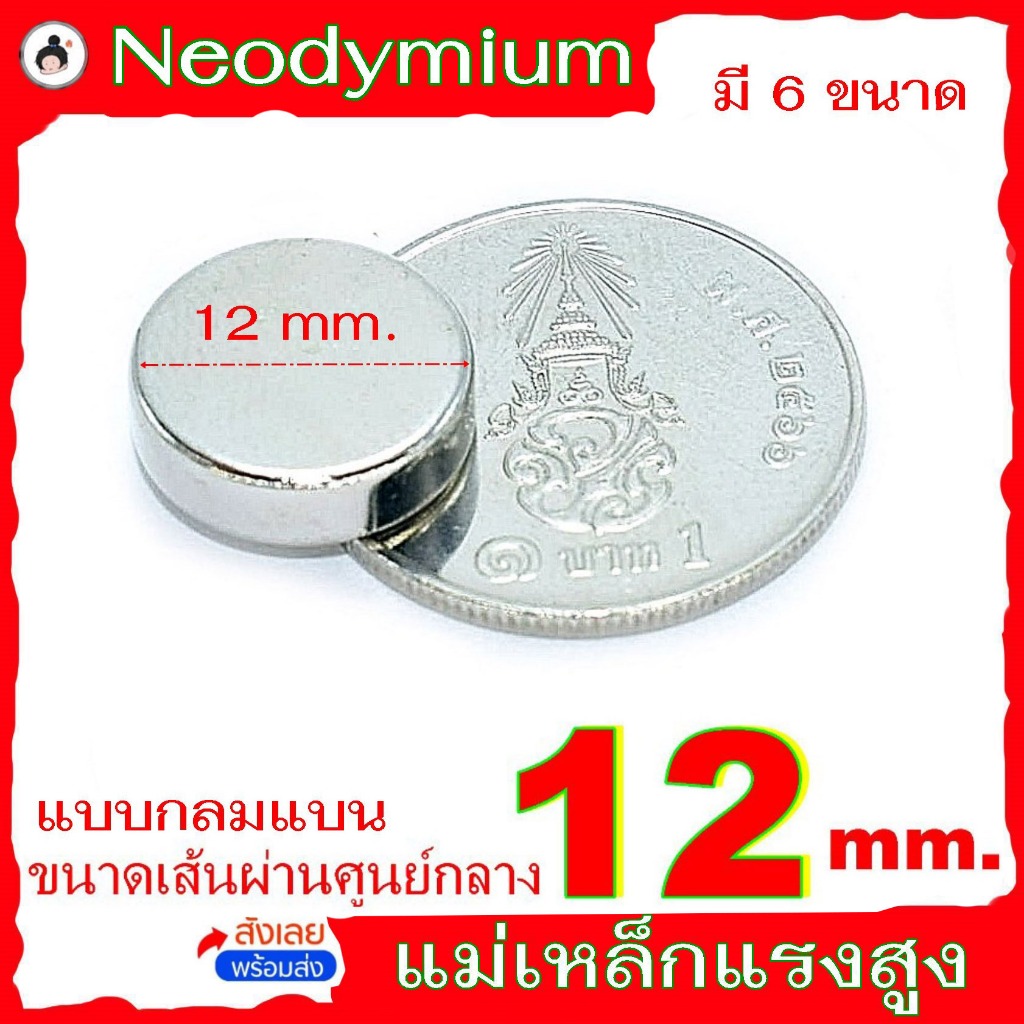 แม่เหล็กแรงสูง กลมแบน  ขนาด 12 mm. Neodymium มี 6 ขนาด ( 1 ชิ้น )