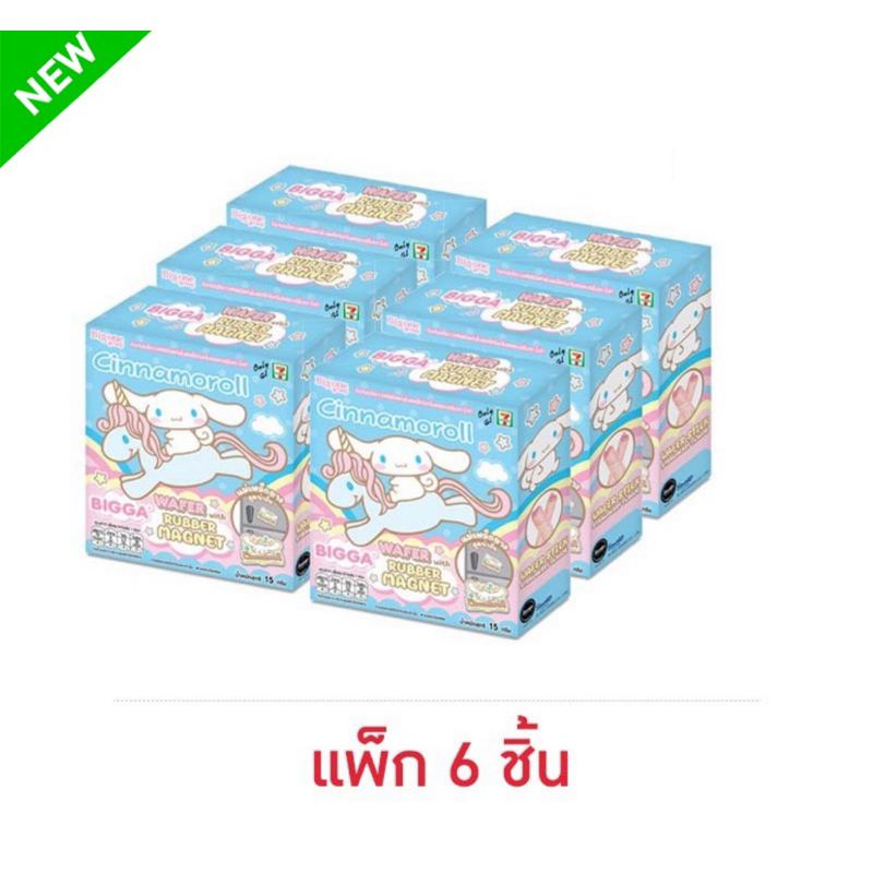บิ๊กก้า เวเฟอร์กลิ่นสตรอเบอร์รี่พร้อมแม่เหล็กยางลายชินนามอนโรล 15 กรัม (แพ็ก 6 ชิ้น) Bigga cinnamonroll