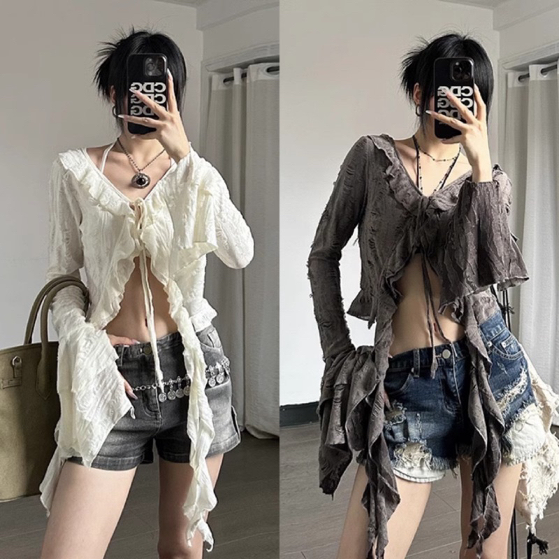 พร้อมส่ง เสื้อครอปแขนยาวแต่งชายรุ่ยๆ