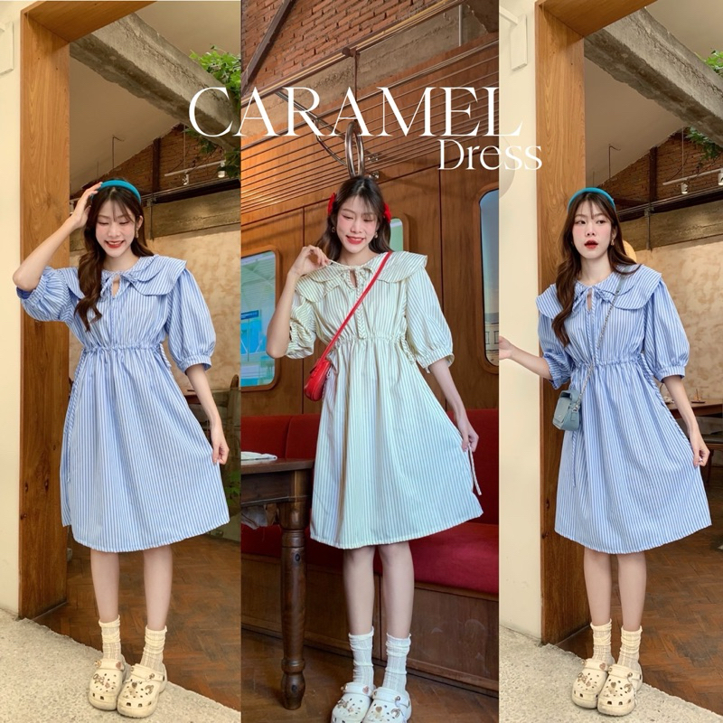 "Caramel Dress" เดรสยาว สาวอวบใส่ได้ แขนสั้น คอปก2ชั้นมีกุ๊นผูกโบว์เล็กๆ เอวมีเชือกรูดข้างตัวให้เข้าเอว