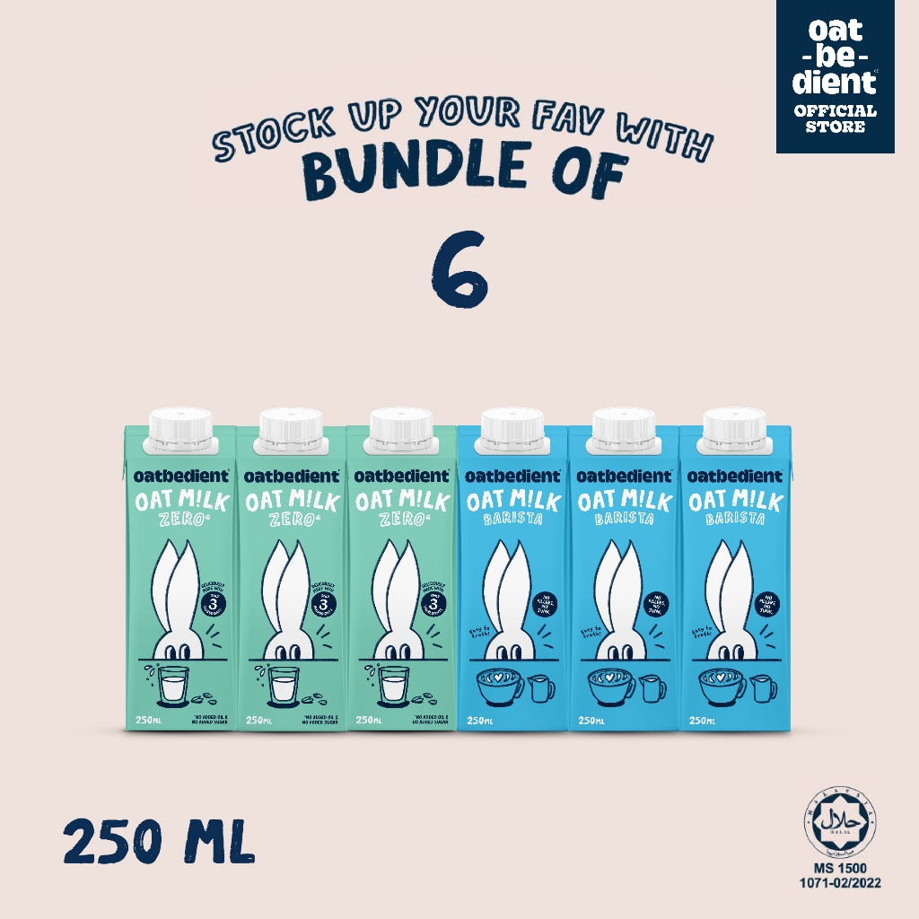 [6 กล่อง] นมโอ๊ต OATBEDIENT Oat Milk Barista 250 ml x3 & Oat Milk Zero 250ml x3 สูตรบาริสต้า และ ซีโร่ไม่มีน้ำมัน
