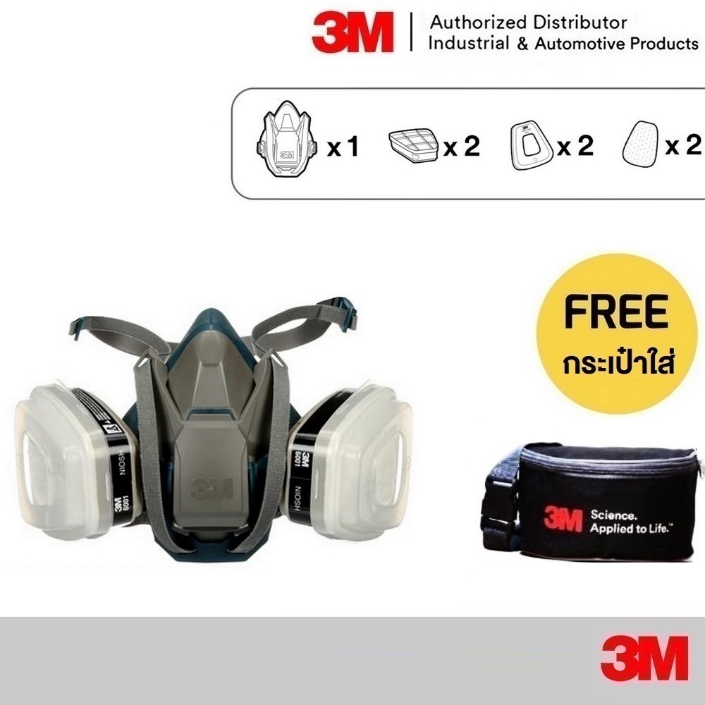 3M 6501QL 6502QL 6503QL หน้ากากกันสารเคมี พร้อมอุปกรณ์ 7ชิ้น ตลับกรอง 6001 ฟิลเตอ์5N11x2 ฝาครอบ501x2