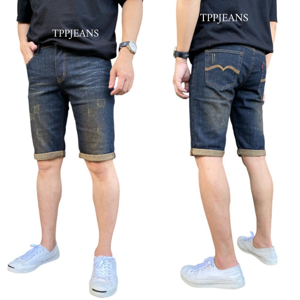 JEANSEXPRESS Slim Shorts Men's กางเกงยีนส์ขาสั้นชายสีฟอกสนิม ผ้ายืด แต่งสะกิดขาด ทรงสลิม เป้าซิป Size 28-36