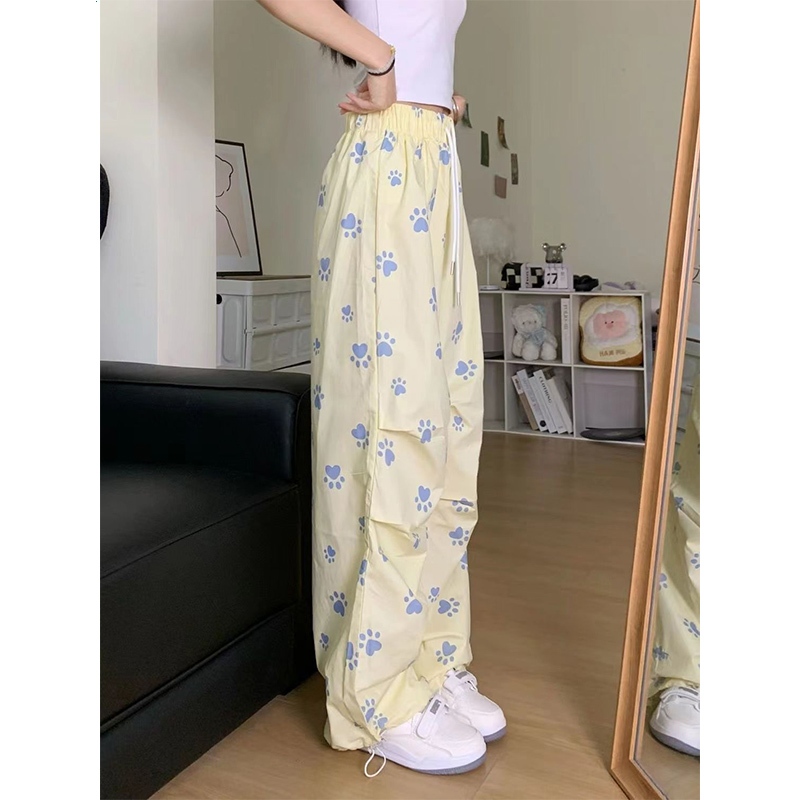 สุนัขน่ารัก Claw Claw เต็มพิมพ์ความรู้สึกผู้หญิงสีขาวฤดูร้อนเอวสูงบางหลวมตรงกางเกงลำลองขากว้าง
