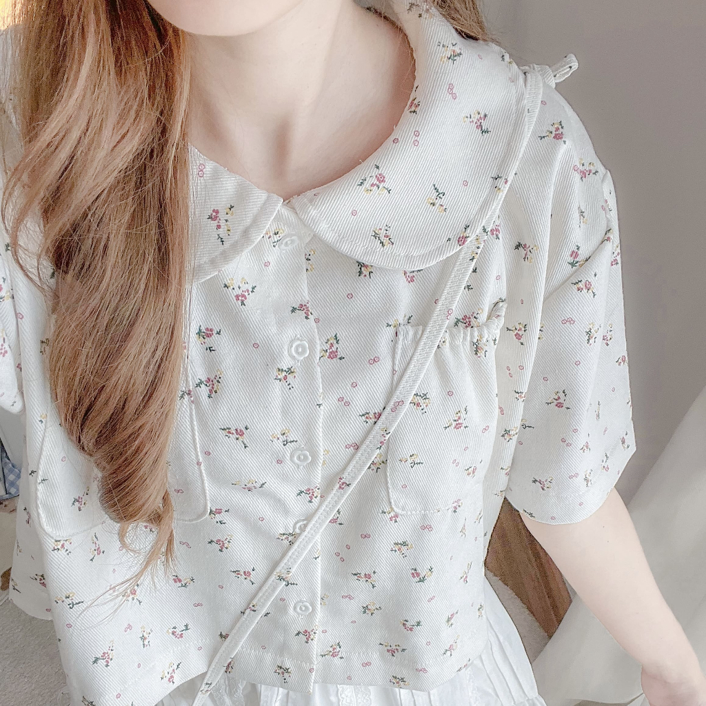 RIKA เซ็ตเสื้อครอปเชิ้ตโอเวอร์ไซต์คอบัวเป๋ายาง+กระเป๋า