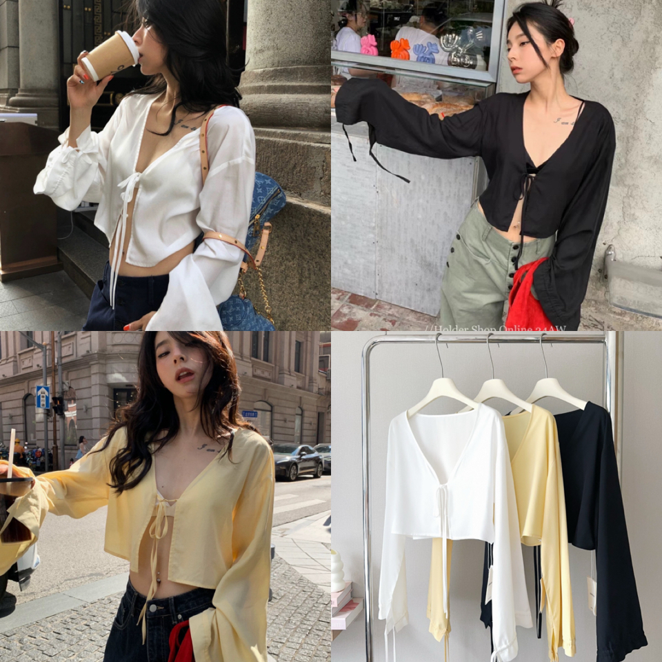 𝗟𝗢𝗩𝗘𝗟𝗬 𝗦𝗣𝗥𝗜𝗡𝗚 𝗕𝗟𝗢𝗨𝗦𝗘 เปิดตัว เสื้อครอปมีเชือกผ้า ผูกหน้าและปลายแขน ผูกปรับได้ตามสไตล์ ดูดีมีลูกเล่น สวยฉ่ำสุดๆ