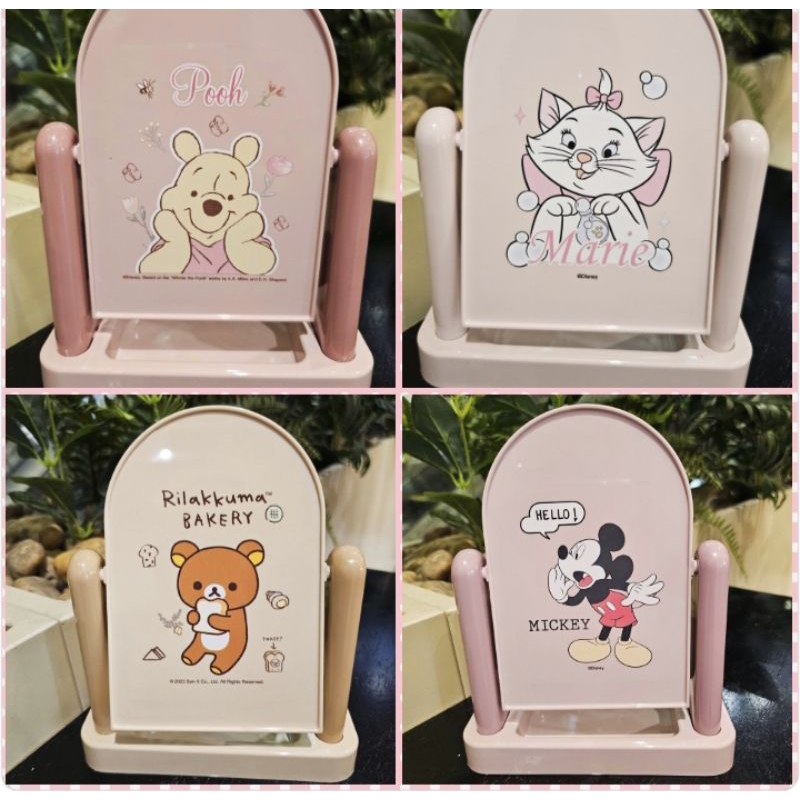 กระจกเหลี่ยมโค้งตั้งโต๊ะ Kuma Pooh Mickey Mouse Marie ลิขสิทธิ์