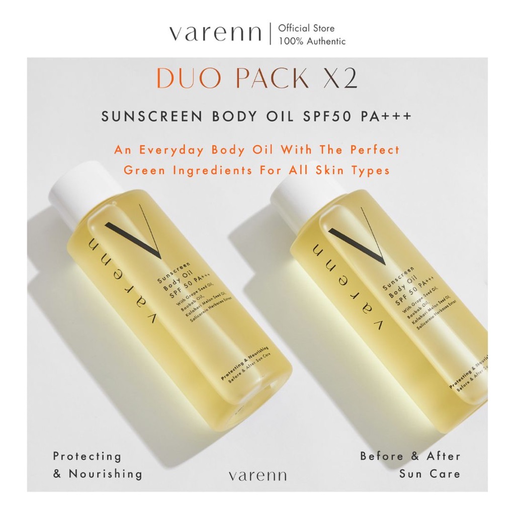 แพคคู่สุดคุ้ม | Varenn Sunscreen Body Oil SPF50 PA+++ | ออยล์กันแดดพร้อมบำรุงผิว 100ml