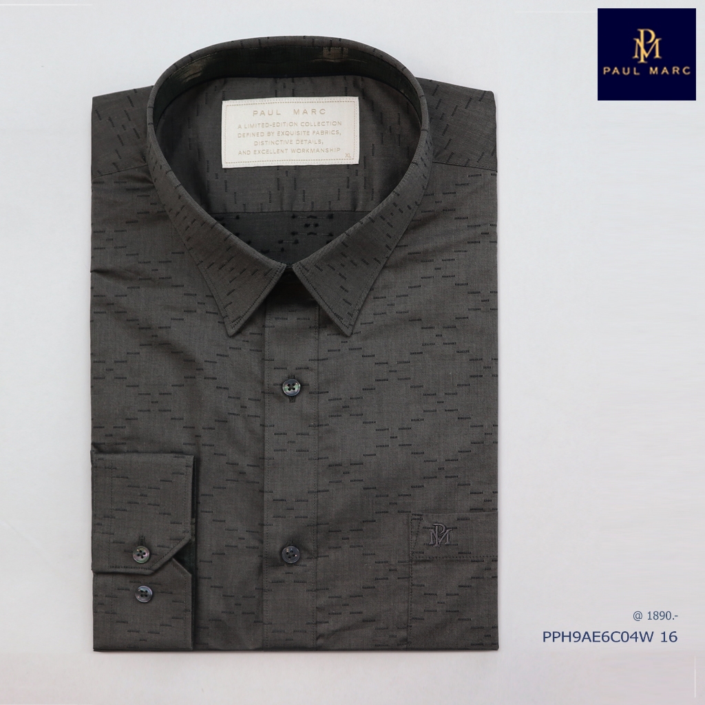 PAUL MARC เสื้อเชิ้ตสีเทาแขนยาว ใส่ทำงาน slim fit  ผ้า Dobby นุ่ม รีดง่าย ยับยาก PPH9AE6C04W cotton