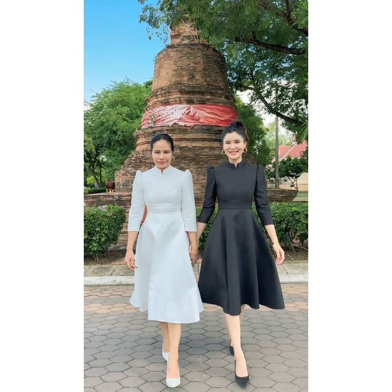 📍พร้อมส่ง📍เดรสบรมทรงย้วย ชุดดำ เดรสดำ ชุดไปงานขาวดำ บรมพิมานประยุกต์
