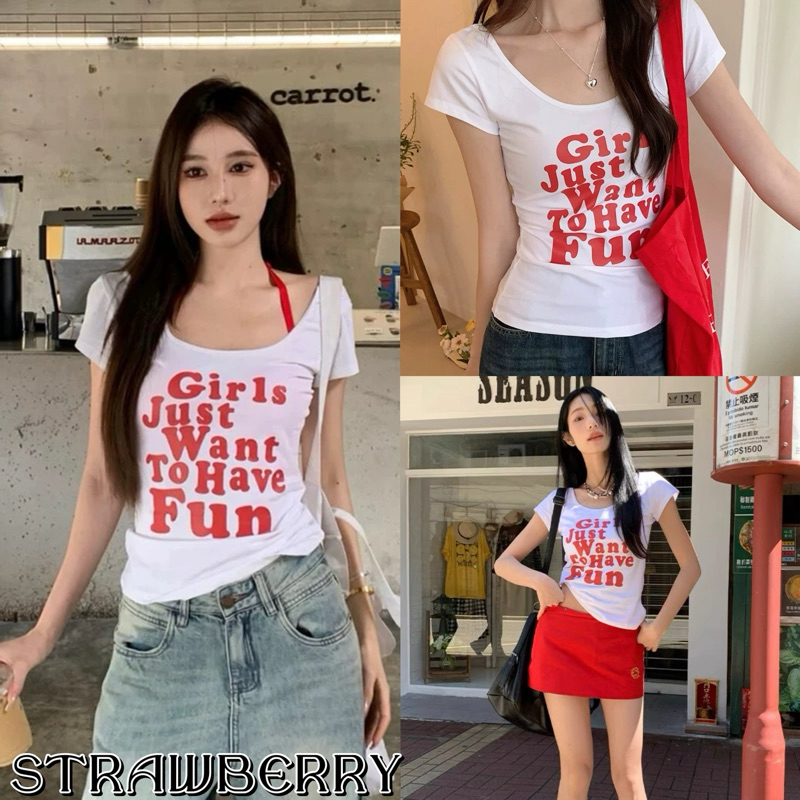 STR พร้อมส่ง ฃเสื้อครอปสีขาวY2K เสื้อรัดรูป เสื้อยืดแฟชั่นผู้หญิง แขนสั้นคอกลม พิมพ์ตัวอักษร สไตล์เกาหลี สาวอ้วนใส่ได้