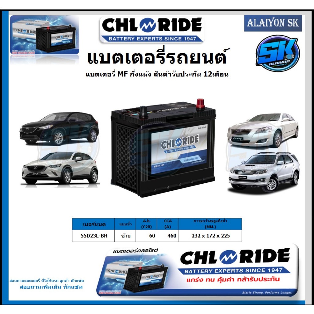 แบตเตอรี่รถยนต์ MF ขนาด 55D23L-BH ยี่ห้อ Chloride สินค้ารับประกัน12เดือน ไม่ต้องดูแลน้ำกลั่นตลอดอายุ
