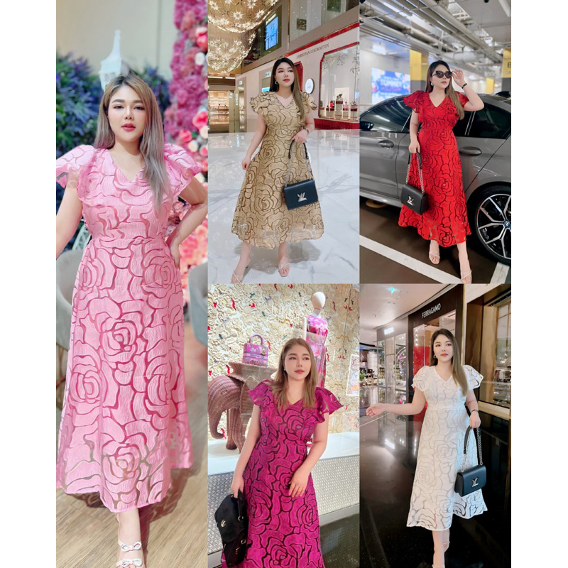 Best Seller เดรสยาวคอวีแขนระบายผ้าตาข่ายปักลายดอกกุหลาบใหญ่ใส่ออกงานหรูมาก#Maisie Shop