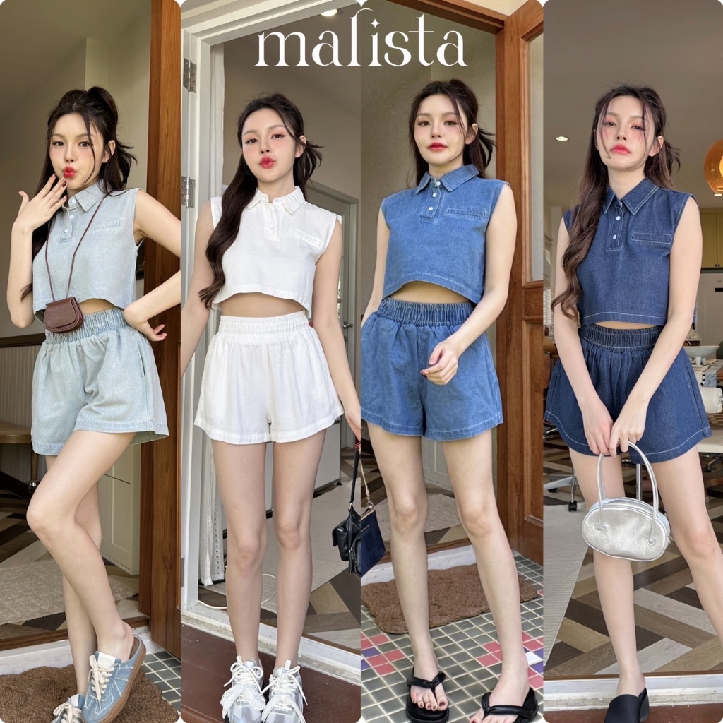 Crop Polo Denim set Set Denim รุ่นใหม่ ทรงโปโลแขนกุด เสื้อเป็นแบบครอปนิดๆ กำลังน่ารัก กางเกงขอบใหญ่ เอวสูง