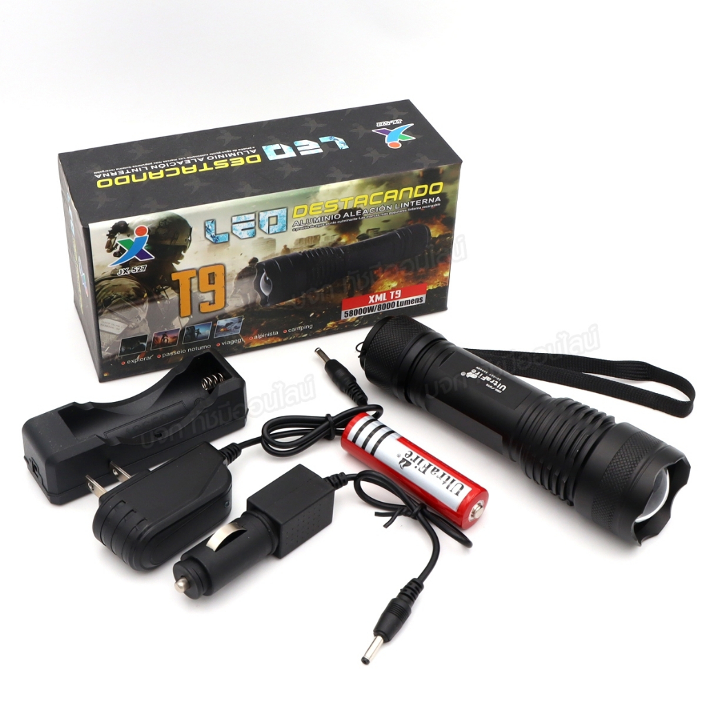 ไฟฉายแรงสูง JX-527 T9 58000W 80000 Lumens กันน้ำ ปรับไฟ 5โหมด ฟรีถ่านชาร์จในกล่อง อุปกรณ์ครบ ของแท้