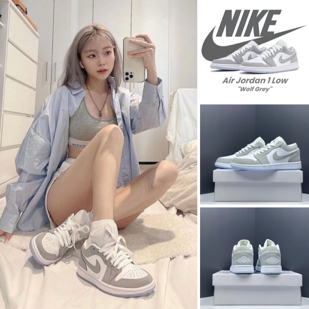 NEW Nike Air Jordan 1 Low Wolf Grey รองเท้ากีฬาบุรุษและสตรีทันสมัย คุณภาพสูง เหมาะสำหรับการเล่นกีฬาและการเดินทางพักผ่อน