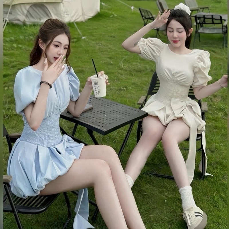 เดรสผ้าครัชสไตล์สาวเวียดนาม ทรงบอลลูน สม็อคเอวแต่งโบว์หน้า A5024