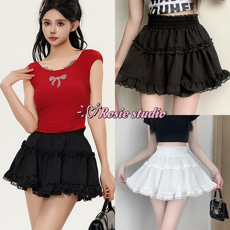 Rosie พร้อมส่ง กระโปรงสั้นผู้หญิง กระโปรงลูกไม้ Y2Kทรงบัลเล่ต์เอวสูง เอวสม๊อค ทรงเอ สไตล์เวียดนาม สาวอ้วนใส่ได้ มีซักใน