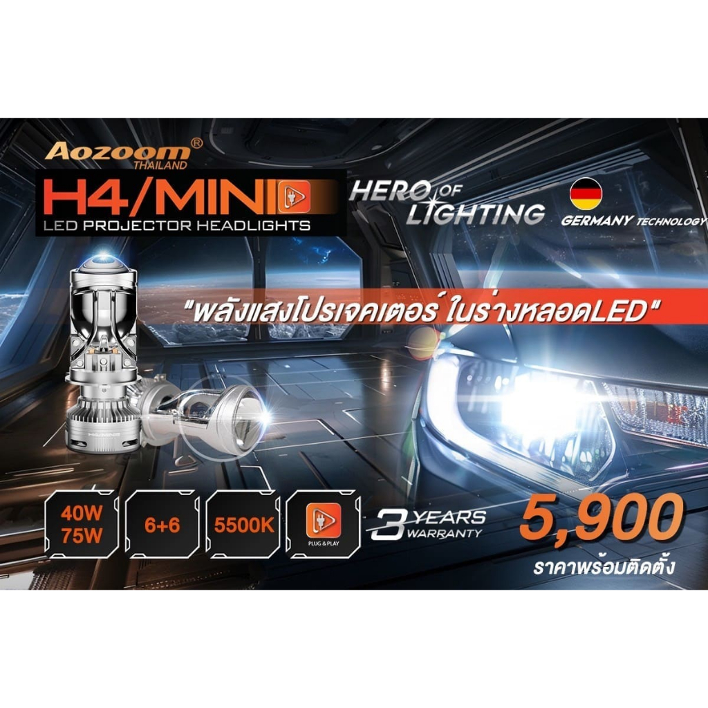 Aozoom Mini H4 หลอดไฟหน้าโปรเจคเตอร์ LED (40–75W) | รับประกัน 3 ปี