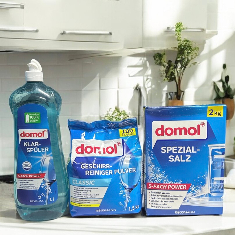 ชุดสำหรับเครื่องล้างจาน ผงล้านจาน + เกลือ + น้ำยาแววาว Domol Dishwasher