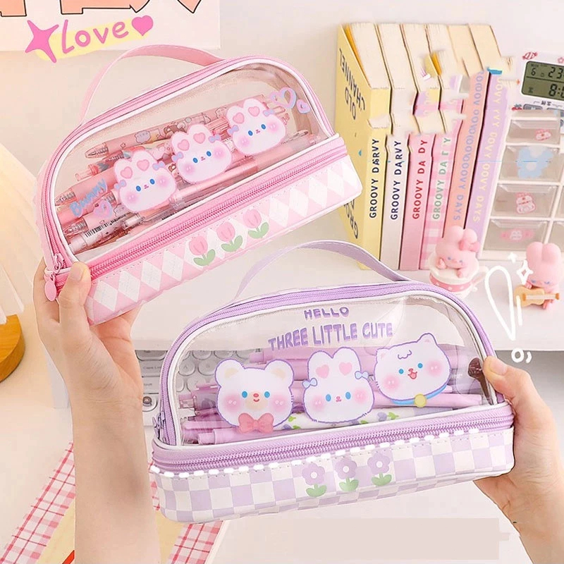 กระเป๋าดินสอ PVC แบบใส สองชั้น เรียบง่าย และน่ารัก สร้างสรรค์ สําหรับใส่เครื่องเขียน กล่องอุปกรณ์การเรียน