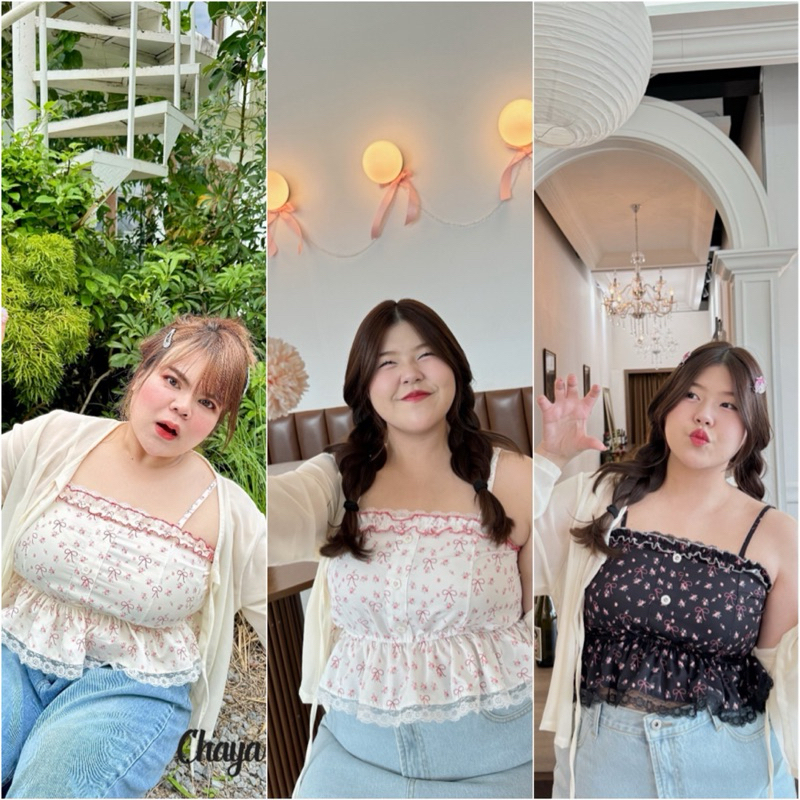 เสื้อครอป 2 ชิ้น เสื้อสายเดี่ยวลายโบว์+เสื้อคลุมชีฟอง สายน่ารัก