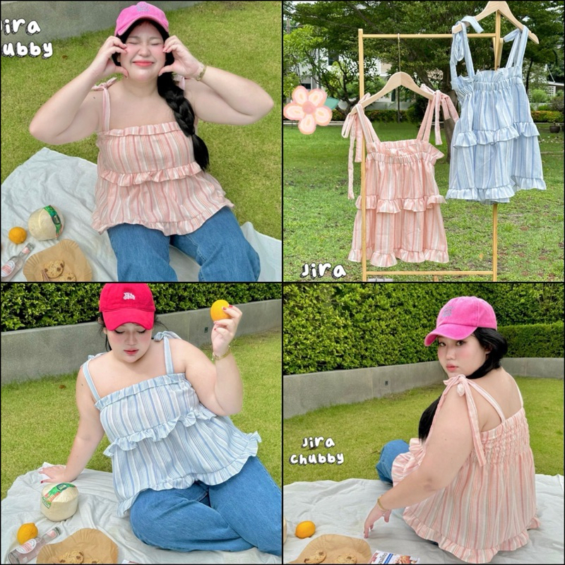 (Shopee video มีส่วนลด) พร้อมส่ง เสื้อสายเดียว สายพูกปรับระดับได้ สม็อคหลังยืดเยอะ แต่งชายระบาย น่ารักมาก สายคาเฟ่