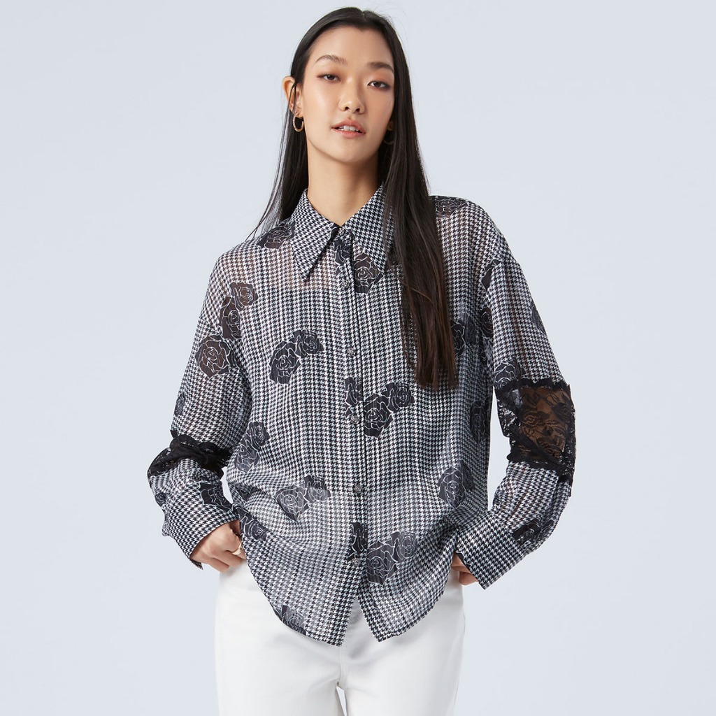 f.fashion เสื้อเชิ้ตลายฮาวด์สทูธ ผู้หญิง | Rose Houndstooth Shirt | 06255