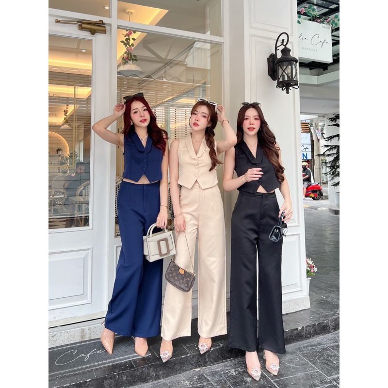 [LISA] A0558 ชุดเซตเสื้อแขนกุดคอปกกระดุมหน้ากางเกงขายาวกระเป๋าด้านข้าง เรียบหรูผู้ดีมาก ใส่ออกงาน ทำงาน คาเฟ่