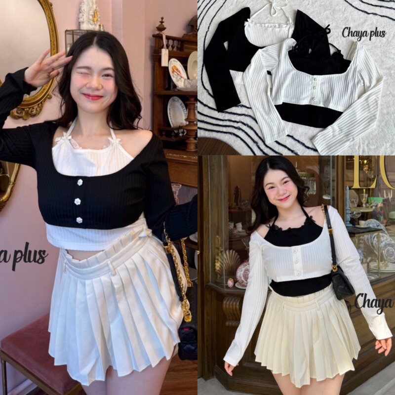 เสื้อครอปแขนยาวแต่งคล้องคอลูกไม้โบว์สุดน่ารัก สาวอวบไซส์ใหญ่ (มีไซส์L-Xl)