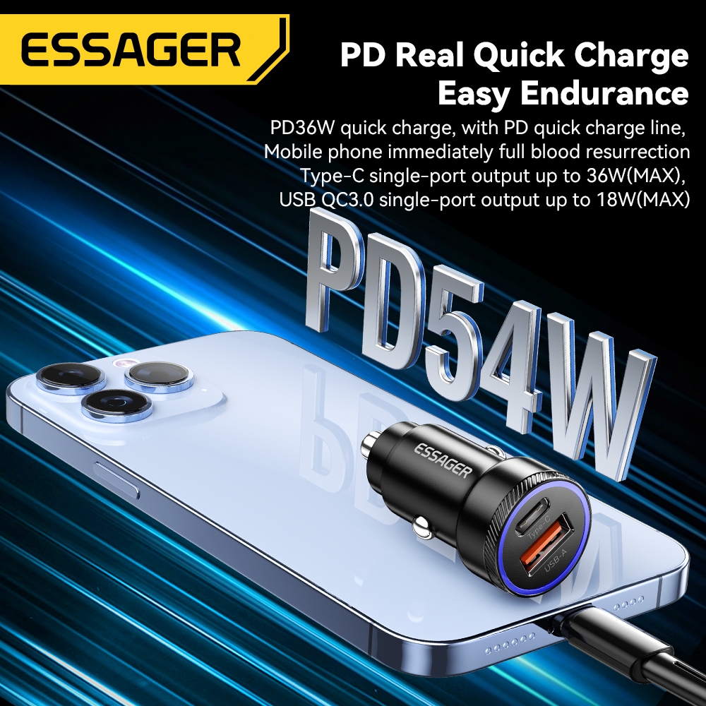 Essager เครื่องชาร์จในรถยนต์ 54W USB A Type C PD ชาร์จเร็ว ไฟหายใจ ชาร์จโทรศัพท์เร็ว - ภาพย่อย 2