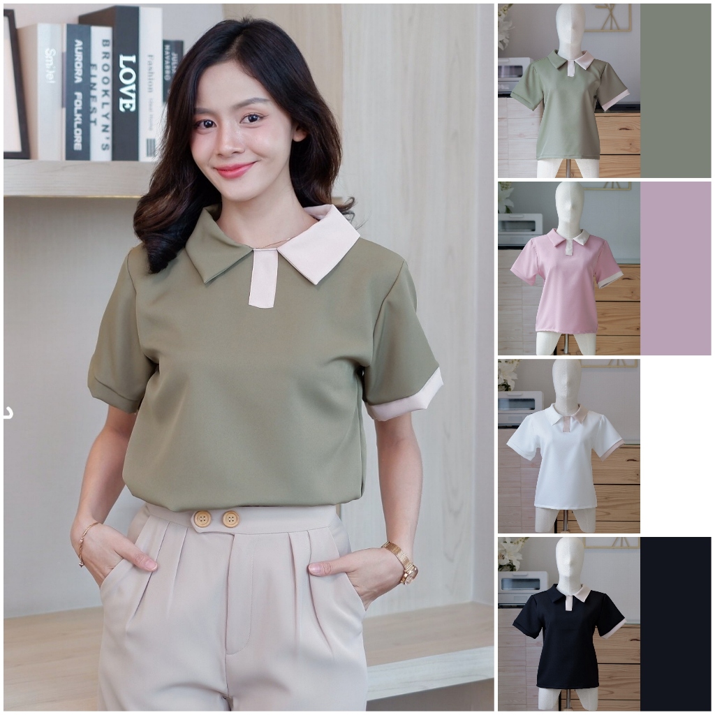 D11 เสื้อทํางานผู้หญิง คอปก เสื้อยืด แฟชั่น แต่งทูโทนที่ปกและปลายแขนเสื้อ Easter Egg