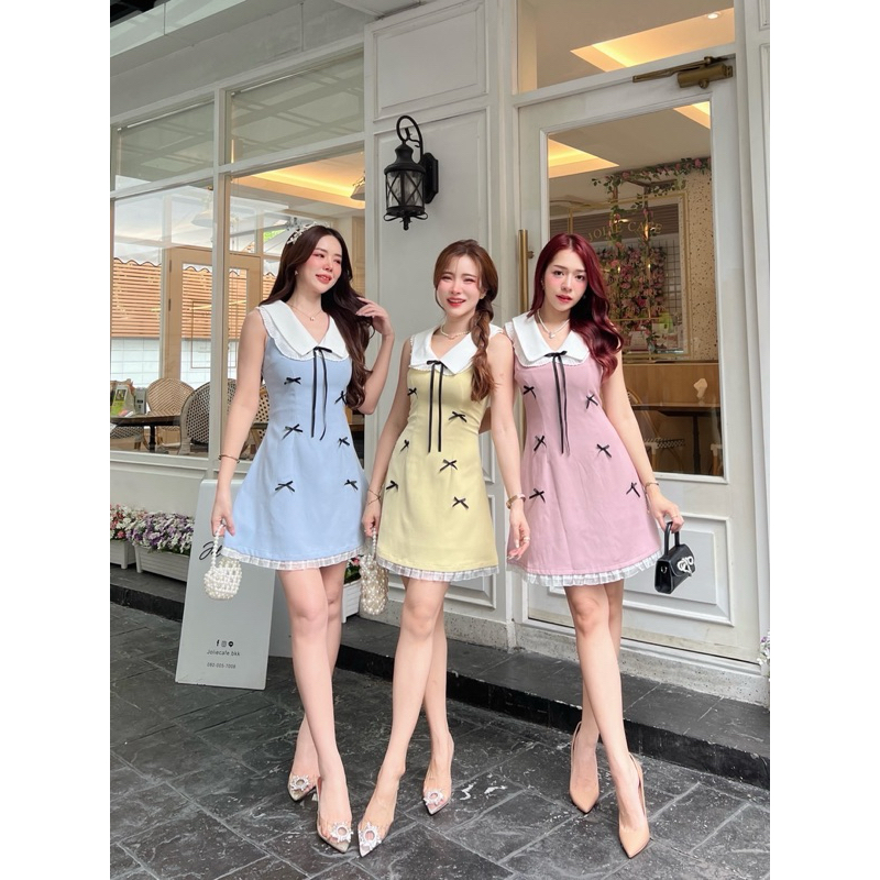 [LISA] A0561 ชุดเดรสกระโปรงคอปกระบายแขนกุดสายผูกดีเทลแต่งโบว์ริ้บบิ้น ใส่เที่ยว ออกงาน คาเฟ่ งานแต่ง ดินเนอร์